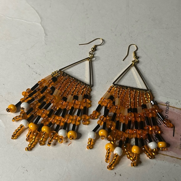 Beaded Fringe Halloween Earrings in Orange and Black - Picture 2 of 3
